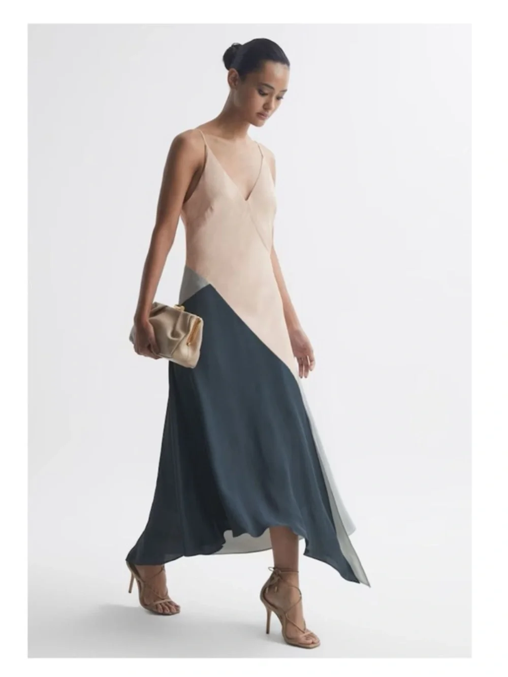 New! Reiss Hudson Asymmetric Colorblock Slip Midi Slip Dress in Multicolor - Picture 2 of 11